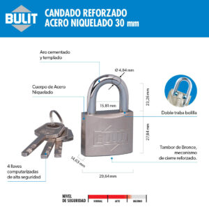 Candado Reforzado Acero Niquelado 30 mm Arco Corto