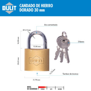 Candado de Hierro Dorado 30 mm Arco Corto