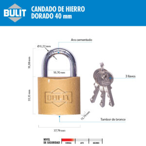 Candado de Hierro Dorado 40 mm Arco Corto