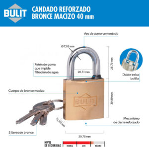 Candado Reforzado de Bronce Macizo 40 mm Arco Corto
