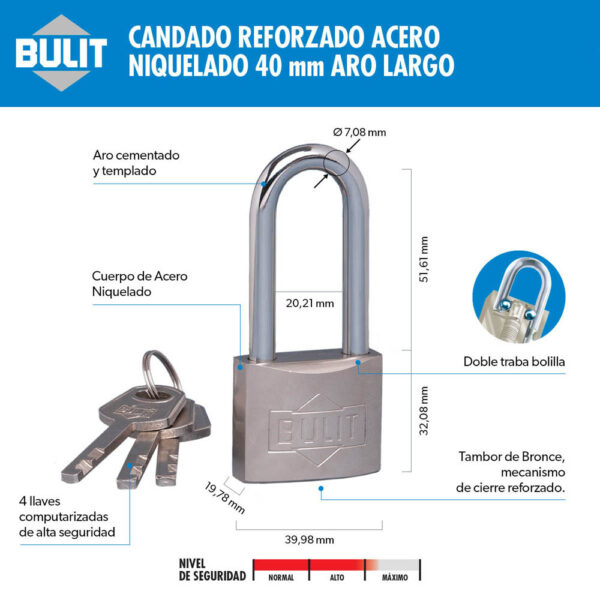 BULC4AL.jpg Candado Reforzado Acero Niquelado 40 mm Arco Largo