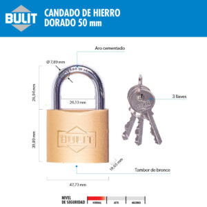 Candado de Hierro Dorado 50 mm Arco Corto