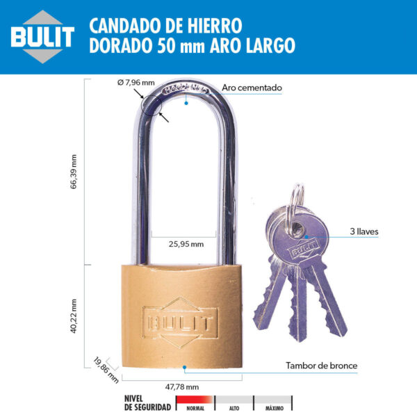 Candado de Hierro Dorado 50 mm Arco Largo
